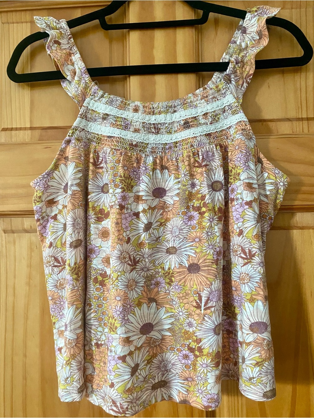 SO Floral Smocked Tank Top Daisy Print Ruffle Strap Boho Cottagecore Size M